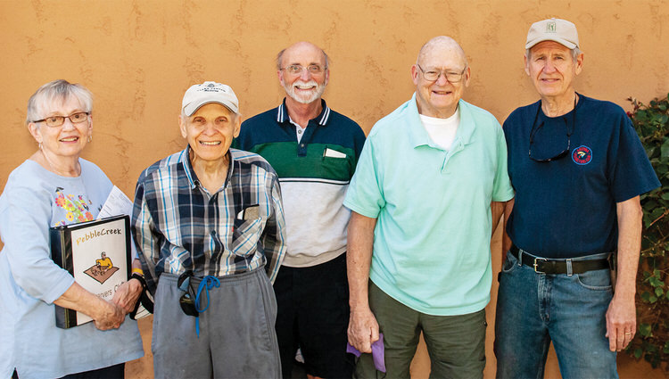 The Outstanding Carver of the Year recipients who are active with the club and currently in PebbleCreek (left to right): Jeannette McElroy, Al Collesano, Chris Pelikan, Gerald Findley, and Lyle Chrisman