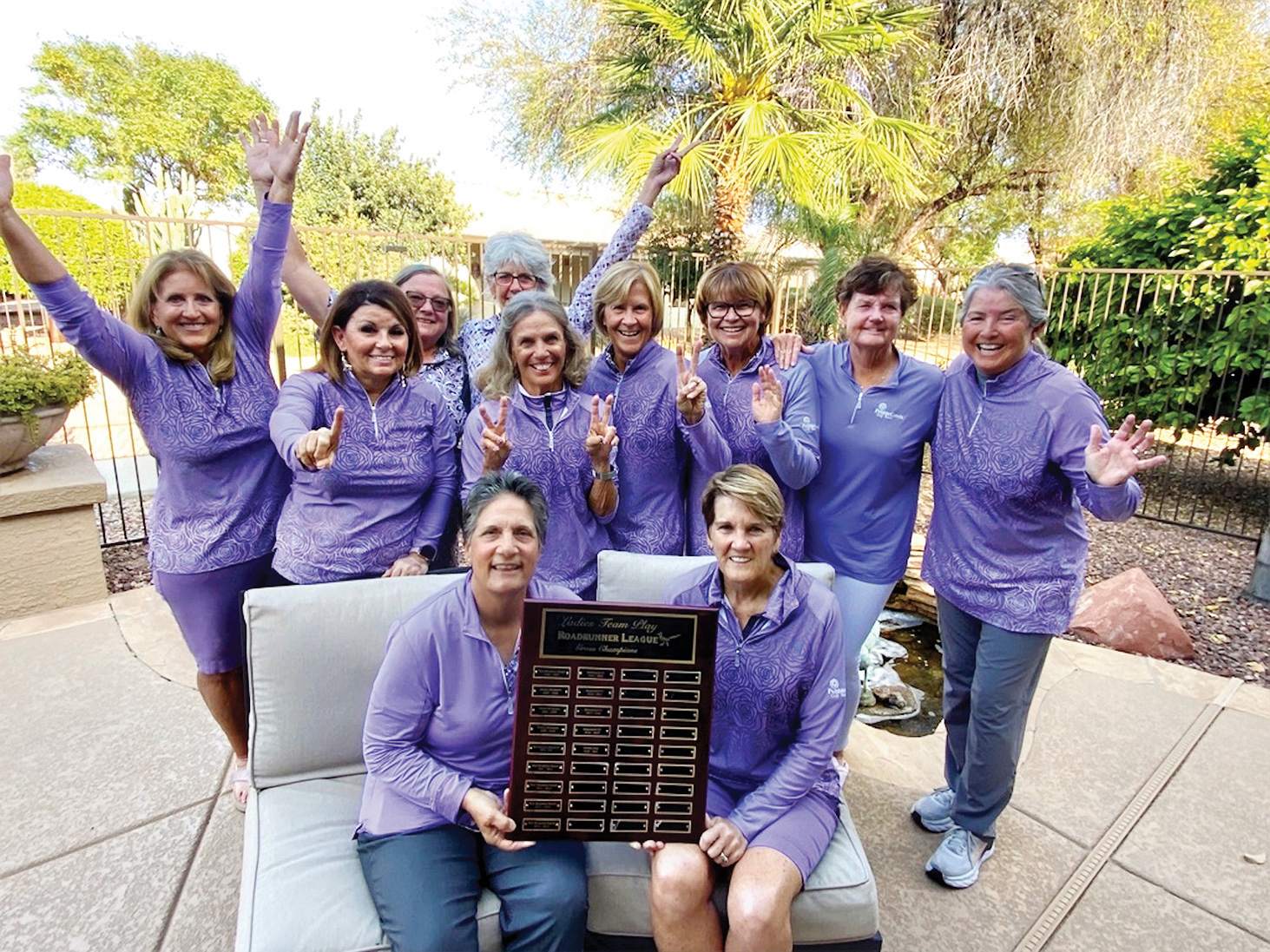 2020-21 Roadrunner League Champions (left to right) back row: Cindy Sota, Amber Rivera, Layne Sheridan, Susan Slaughter, Marilyn Reynolds, Mary Harris, Kathy Hubert-Wyss, Sheri Sears, and Ellen Enright; front row: co-captains Andrea Dilger and Sharon Hadley; not present: Monica Lee and Suzanne Kanaly