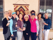 Roadrunners 2021 team. Front (left to right): Carol Hoffos, Sally Ward, Shelley Bain (co-captain), Kathleen Tyryfter, Vicki Shaner, Jean Bee, and Mary Zanella. Back: Karen Ludwig (luncheon hostess), Kay Skripka, Jo Werner (captain), and Randy Rosenbush. Missing from picture: Norma Whitley (photographer), Linda Post, Roxanne Forrest, Cathy Lopez, Jan Frens, Michelle Moskos, and Pam Wallace