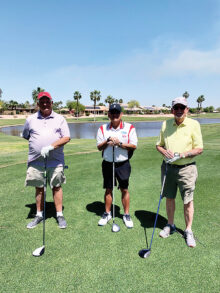 Sam Ellis, Bob Gunn, and Michael Bunn get ready to tee it off at the 2 Low Net Tourney.