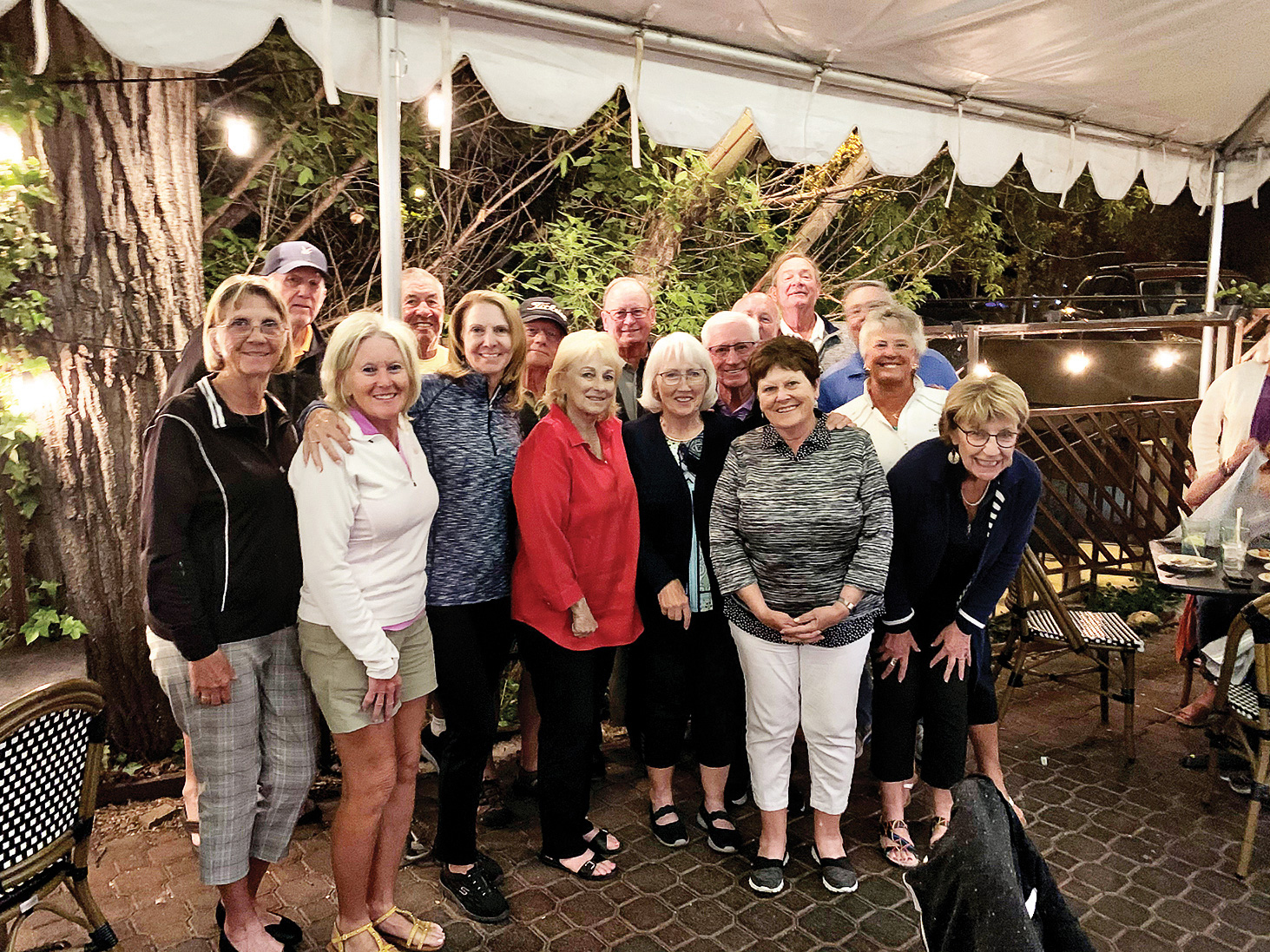 Sunday couples golfers and friends out for dinner in Prescott. Front row (left to right): Mary Barry, Mary Pinski, Jayne Dinan, Kathy Carney, Barb Chilton, Sharon Johnson, Lynn Grice, Sue White; Back row: John Barry, Dennis Grice, Al Carney, Lloyd Chilton, Terry Johnson, Mike Pinski, Mike Dinan, and Jerry White